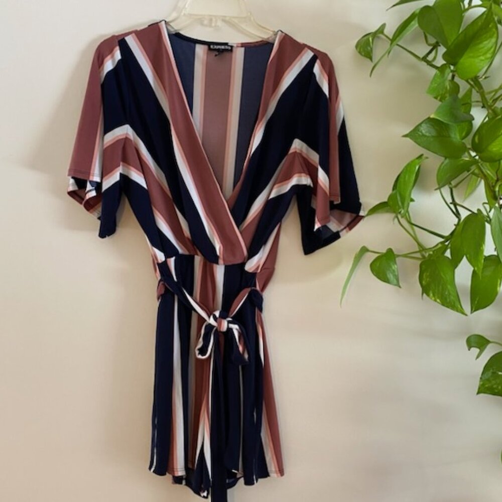 Express Navy Blue Pink White Striped V Neck Tie Waist Short Sleeve Romper M